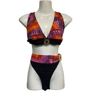 BLEU|ROD BEATTIE Bikini Tie Dye Earth Tones Purole/Rust Gold Hardware Size 12